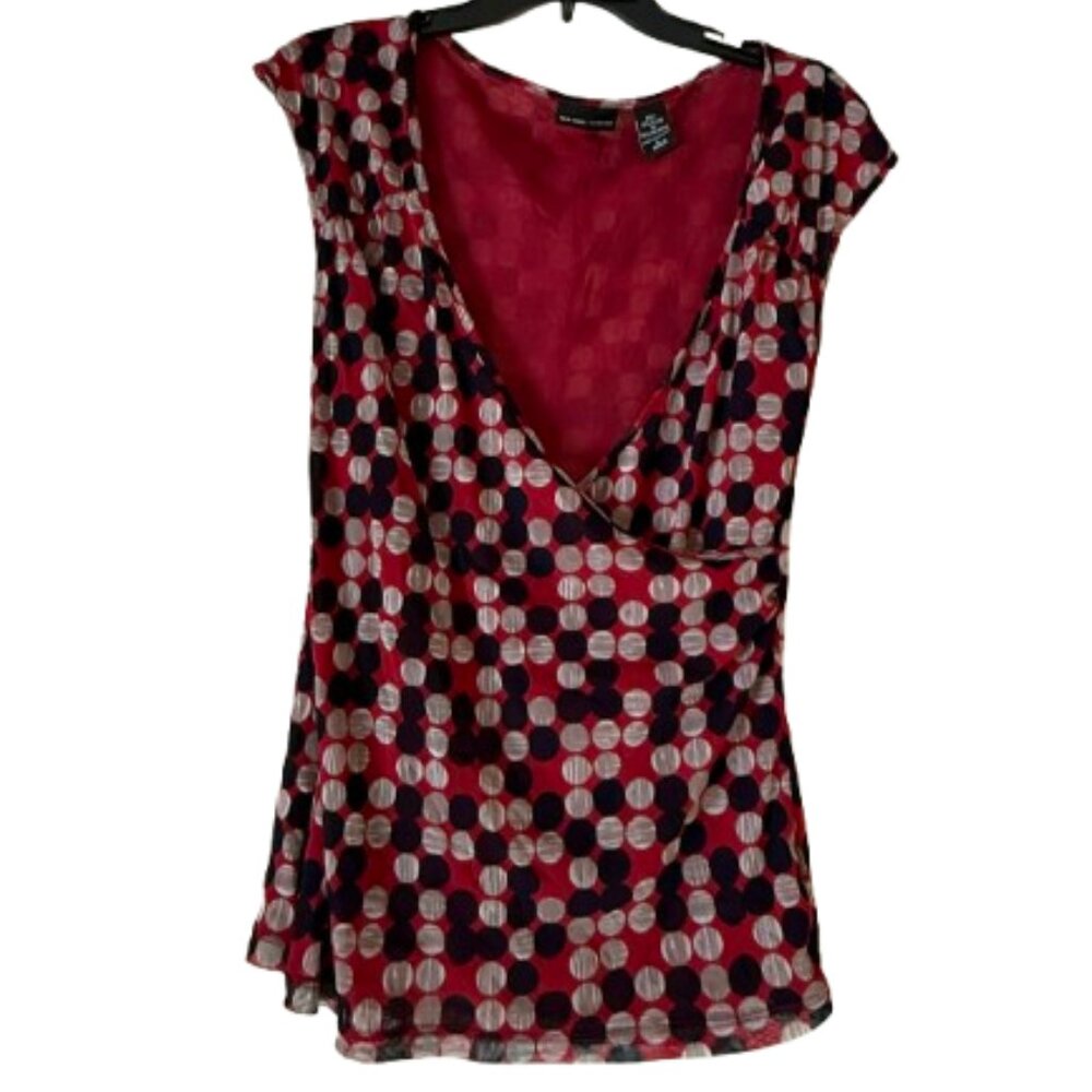 New York & Company Red White & Blue Circle Faux Wrap Sleeveless Blouse - Medium